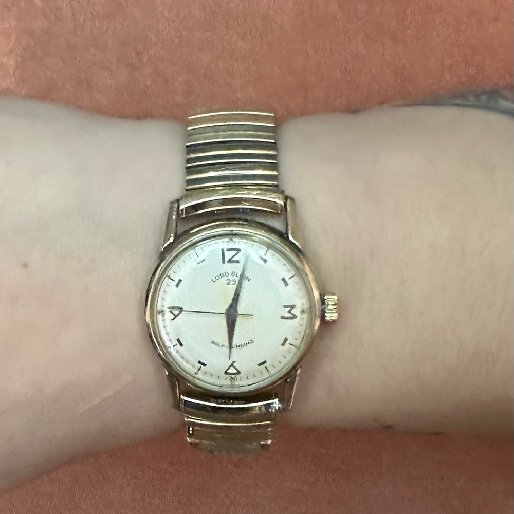 Lord Elgin 23 VINTAGE Rolled Gold plate stretch band Watch with Cream Dial